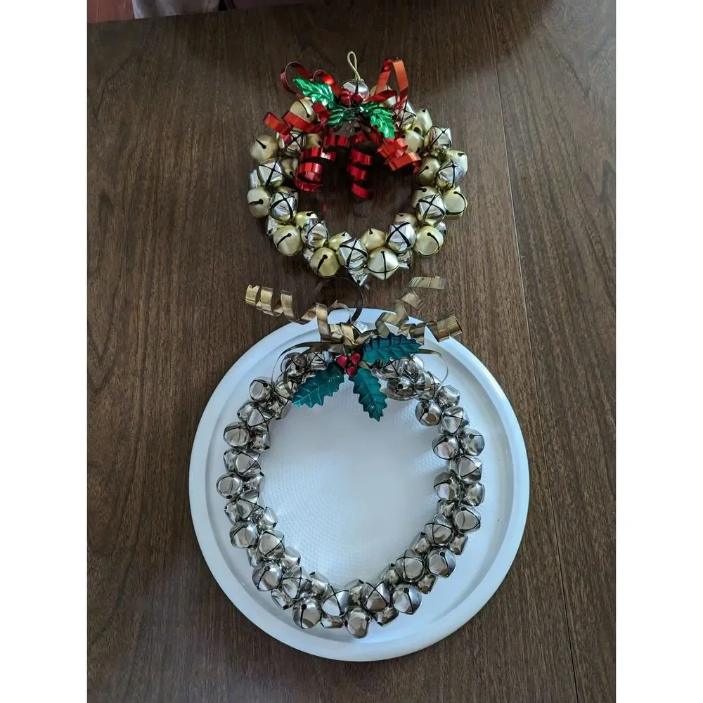 Bundle of two (2) Christmas hanging jingle sleigh bell metal wreaths